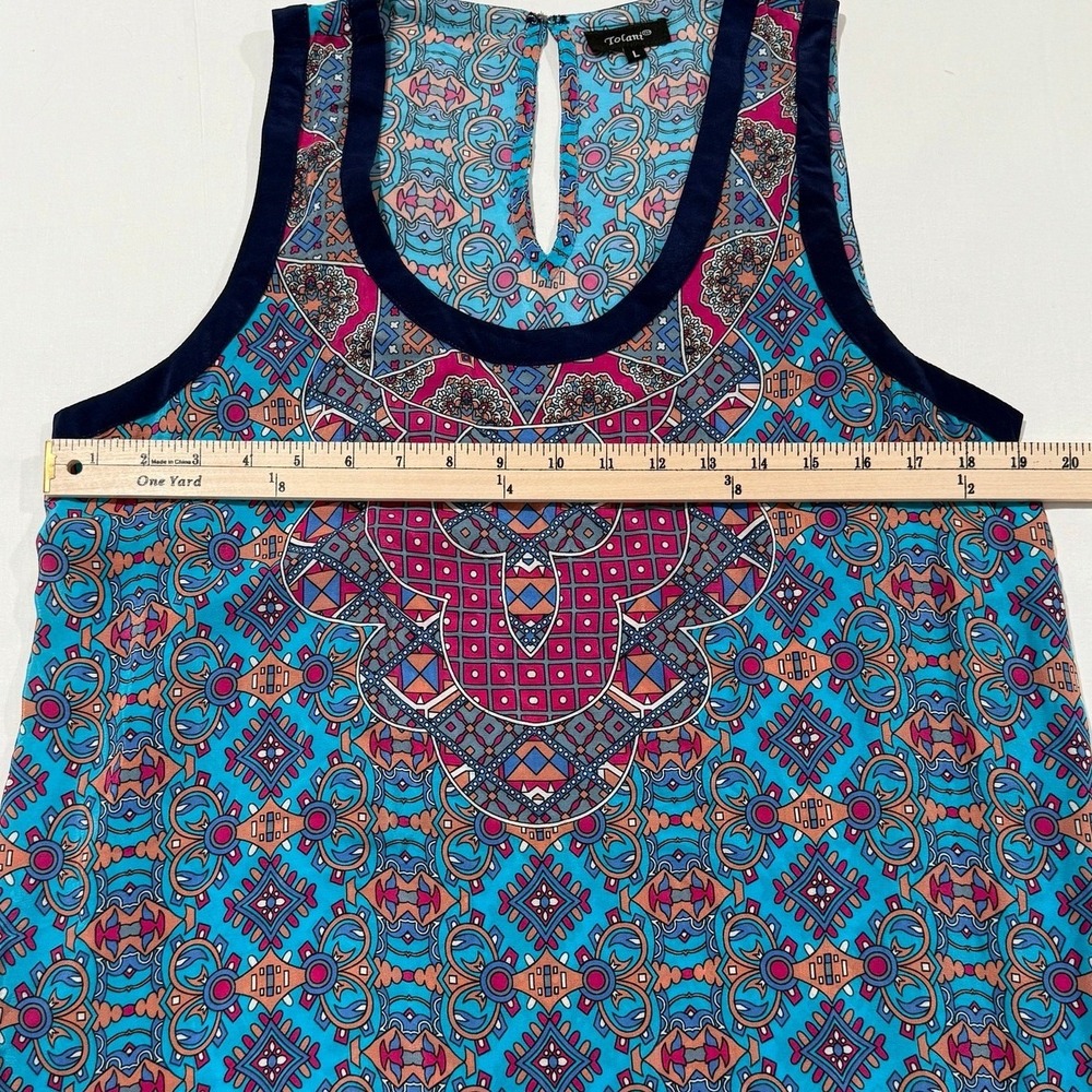 Tolani Womens Blue Silk Geometric Medallion Ruffle Hem Sleeveless Tunic Top L 94 - Picture 8 of 9